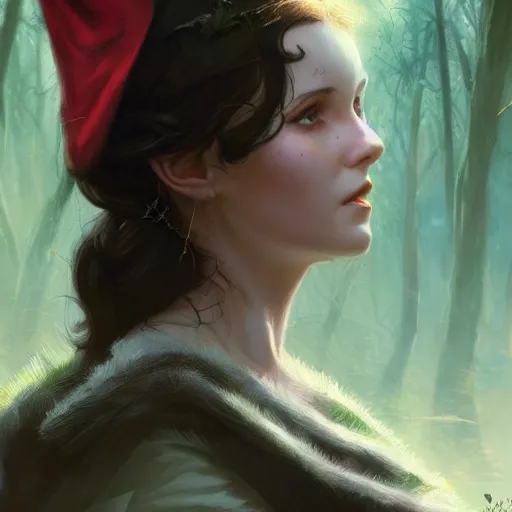 Image similar to closeup portrait of a young vivian leigh with elf ears, forest background, megacity, high fantasy, gorgeous view, depth, high detail, digital art, painted by greg rutkowski, trending on artstation