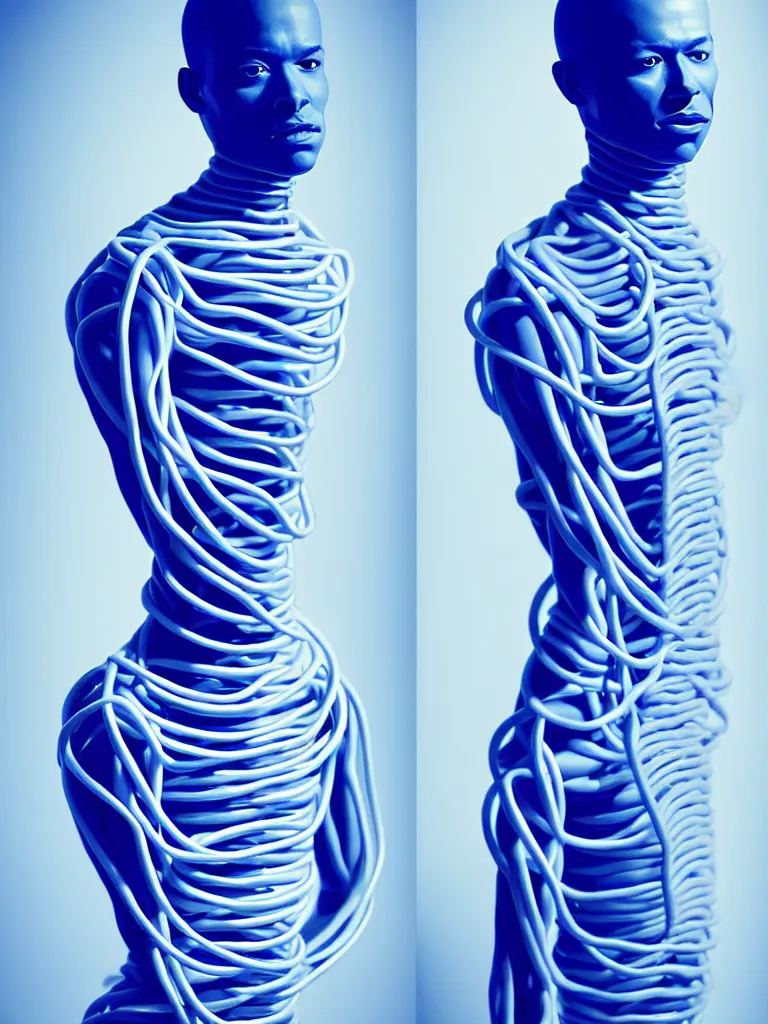 Prompt: a fine art photograph formal self sculpture by the artist kelbv, in realistic style with tubes neatly navigating the contours of his body, and disjoint body pumped full with blue and white ellipsoids, perfect studio lighting.