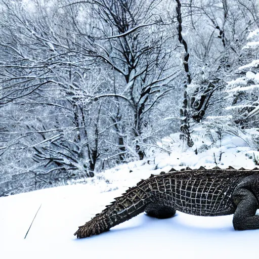 Image similar to photo of an aligator on snowy mountain peak, snow, 50mm, beautiful photo