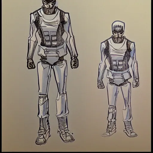 Image similar to industrial design sketch of an 1 9 8 0's kenner action figure. copic marker sketch. hand drawn.