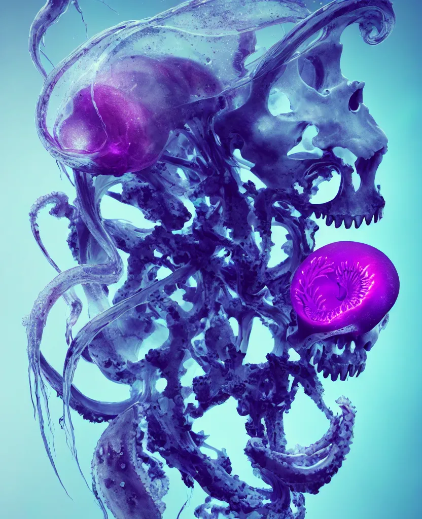 Image similar to absolute symmetry!! goddess close - up portrait human skeleton, ram skull, squid phoenix jellyfish, orchid, betta fish, bioluminiscent, intricate artwork by tooth wu and wlop and beeple. octane render, trending on artstation, greg rutkowski very coherent symmetrical artwork. cinematic, hyper realism, high detail, octane render, 8 k