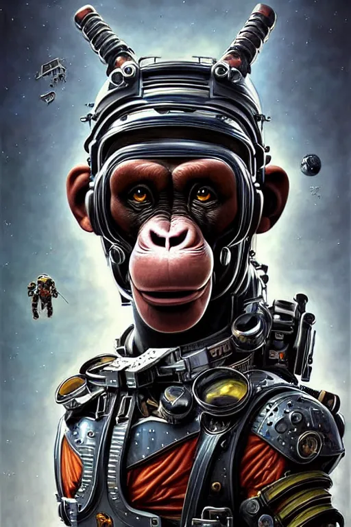 Image similar to a portrait of a muscular anthropomorphic cyberpunk chimp in spacesuit armor with ensignia on chest plate by sandra chevrier, by jon foster, detailed render, post - processing, extremely hyperdetailed, intricate, epic composition, cybernetics, 4 k realistic, cryengine, realistic shaded lighting, sharp focus, masterpiece, by enki bilal