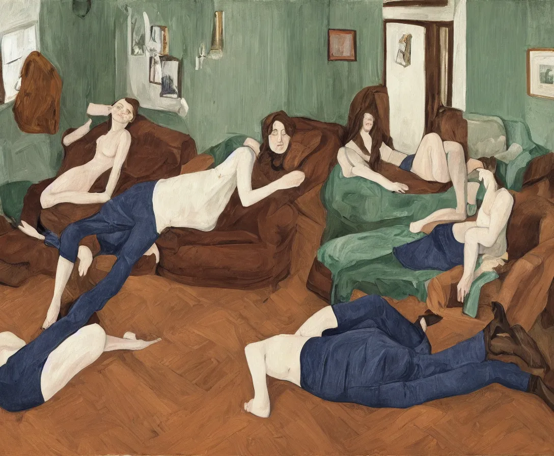 Image similar to portrait of two women lying horizontal, in an empty old english apartment with wooden floor on a brown leather sofa. one is wearing a dark blue sweather, the other a white shirt. brown hair, they are looking into the camera. wide shot. in the style of lucien freud. oil painting. green mood. isometric perspective