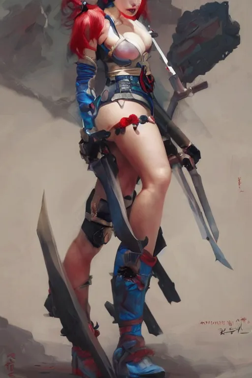 Image similar to portrait of korean Harley Quinn in bikini armor, dc comics, cyberpunk, Warhammer 40000, dark fantasy, digital art from artstation by Ruan Jia and Mandy Jurgens and Artgerm and william-adolphe bouguereau