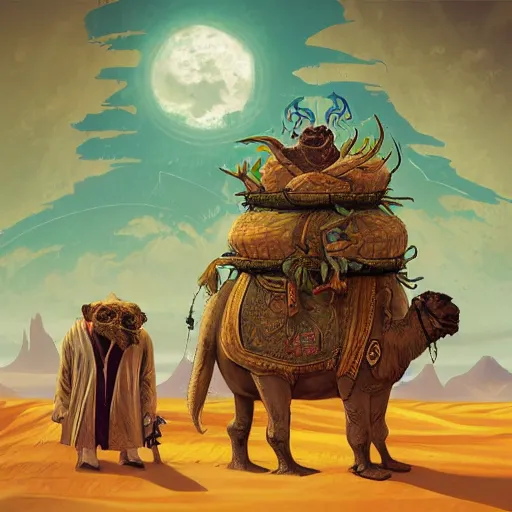 Image similar to several stoner merchants in robes with integrated bong gas mask appliances, trucking bales of herbs across an alien desert with camel-like creatures in tow. Album art by Arik Roper