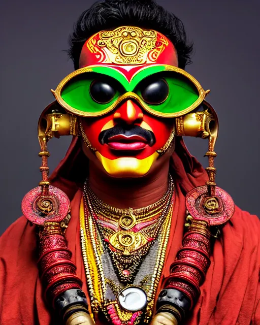 Prompt: photo of a Dramatic angry Kathakali male character with painted face wearing futuristic MadMax style steampunk goggles and accessories in the style of stefan kostic, realistic, sharp focus, symmetric, 8k high definition, insanely detailed, intricate, elegant, art by stanley lau and artgerm, Hajime Sorayama, William-Adolphe Bouguereau