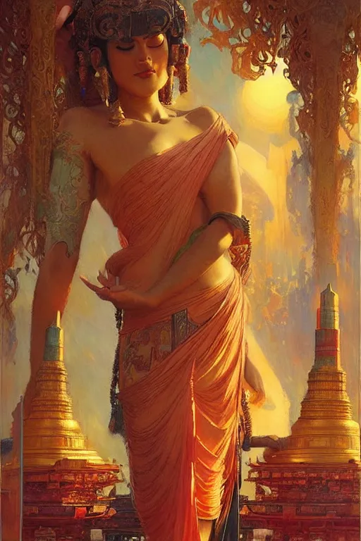 Image similar to buddhism, temple, futurism, painting by gaston bussiere, greg rutkowski, j. c. leyendecker, artgerm