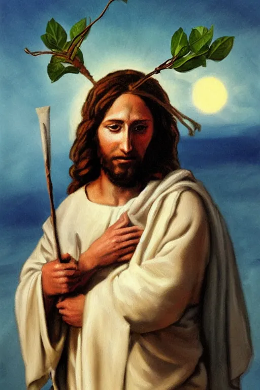 Image similar to painting of jesus christ with blindfold!!!!!! holding cornucopia!!!!!!