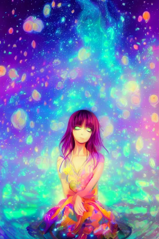 Prompt: psychedelic, whimsical, anime, 4k, beautiful intimate woman with professional makeup, long trippy hair, a crystal and flower dress, sitting in on a reflective pond underneath the stars, rainbow fireflies, trending on patreon, deviantart, twitter, artstation, volumetric lighting, heavy contrast, art style of Ross Tran and Ilya Kuvshinov