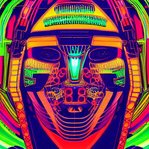 Image similar to hyperdetailed portrait of a cyberpunk aztec futurism robot head, 8 k, symetrical, trippy flourescent colors, halluzinogenic, tshirt art, black background