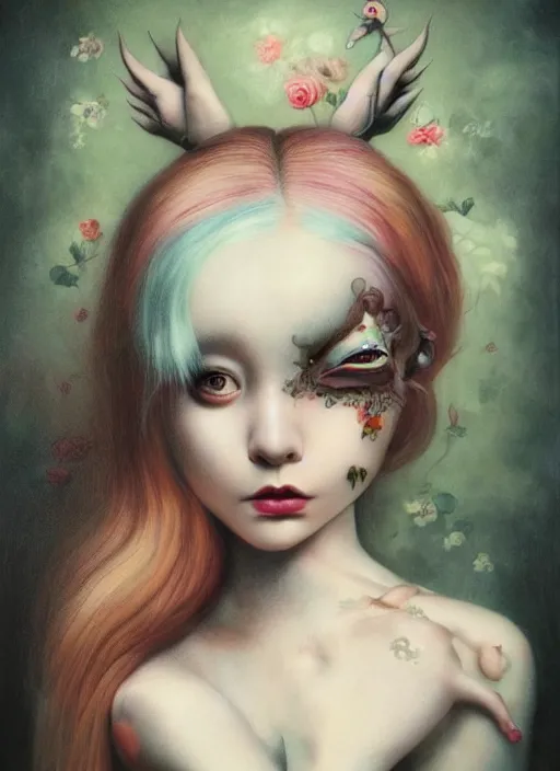 Image similar to pop surrealism, lowbrow art, realistic cute sitting alice girl painting, japanese street fashion, hyper realism, muted colours, rococo, natalie shau, loreta lux, tom bagshaw, mark ryden, trevor brown style,