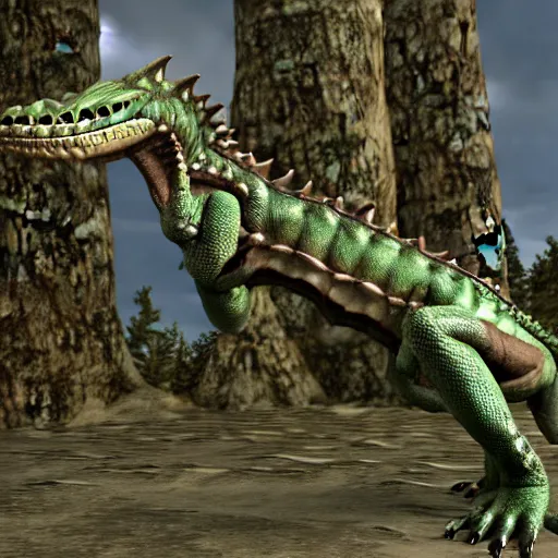 Prompt: 3D render of a feminine anthro reptile fursona Argonian in Skyrim, pose mod, in-game screenshot, loverslab