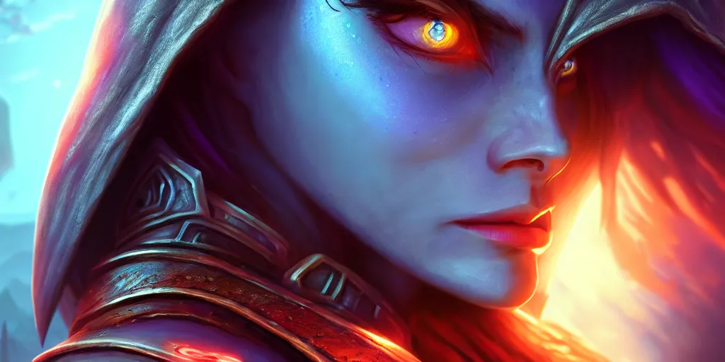 Image similar to hyperrealist distant portrait of sylvanas windrunner on a blue planet where it rains colors. by bayard wu, fantasy, photorealistic, octane render, unreal engine, dynamic lighting, trending on artstation, poster, volumetric lighting, very detailed faces, 4 k, award winning