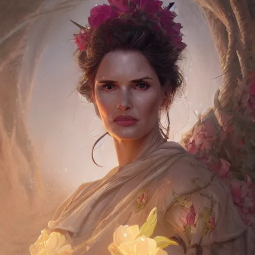 Image similar to demeter, geena davis, floral, summer, d & d, fantasy, portrait, highly detailed, digital painting, trending on artstation, concept art, sharp focus, illustration, art by artgerm and greg rutkowski and magali villeneuve