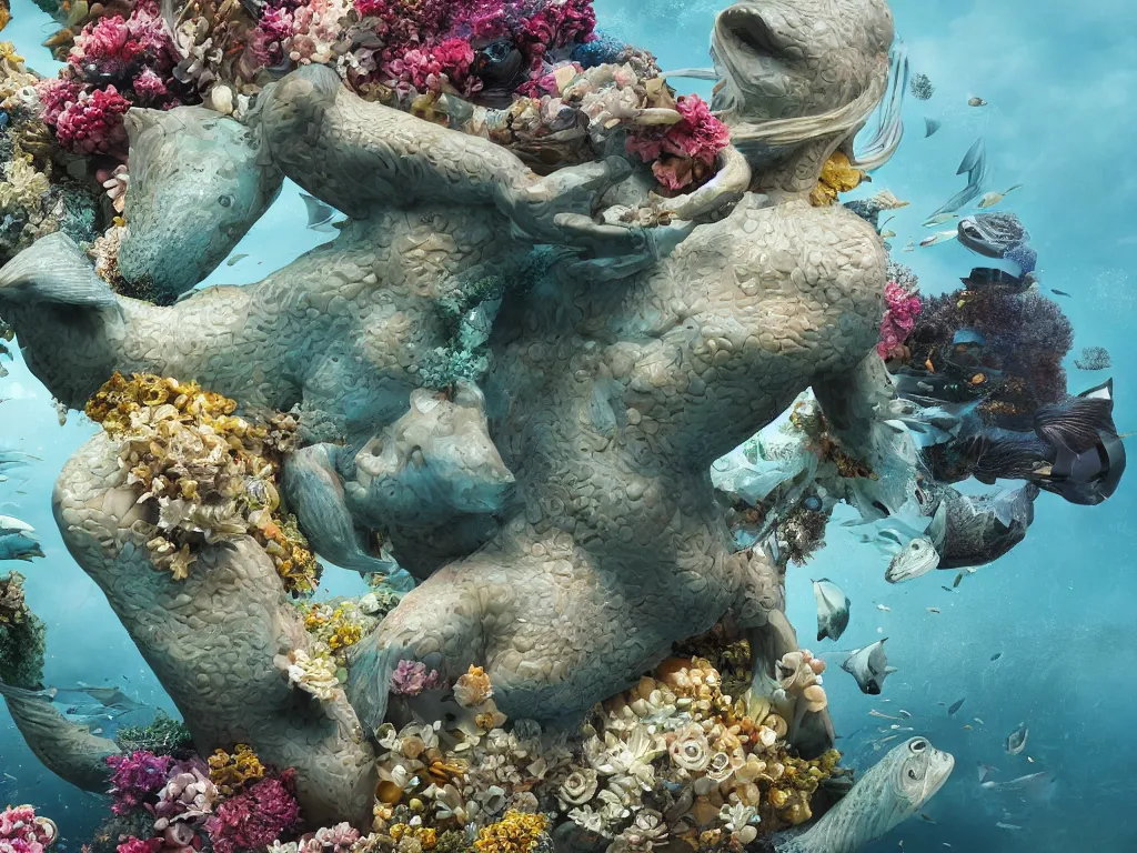 Image similar to a sculpture of fish ocean intertwined, a lovely cornucopia of flowers and cows, body parts, highly detailed, octane render, cinematic, shock, sharp focus, ball, an independent psycho, clean