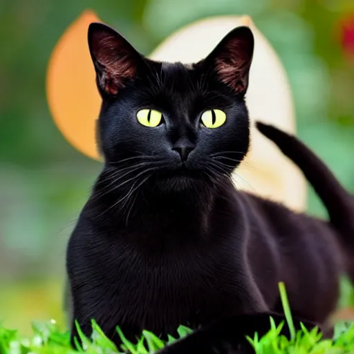 Image similar to a female black cat with red eyes and a gold crescent moon in her forehead