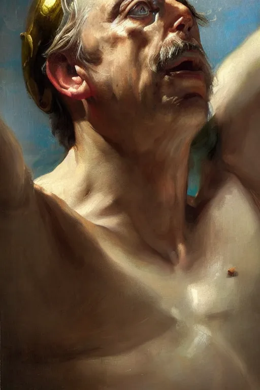 Image similar to beautiful oil painting portrait of ancient roman god emperor steve buscemi wearing the civic crown levitating and ascending religious pose, ascension, art by anders zorn, wonderful masterpiece by greg rutkowski, expressive brush strokes, beautiful cinematic light, american romanticism by greg manchess, jessica rossier