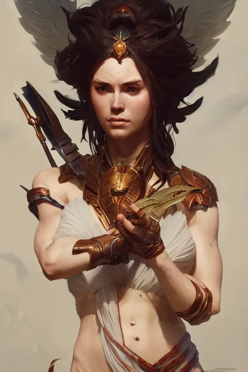 Image similar to goddess of war, accurate anatomy, only two hands, highly detailed, digital painting, artstation, concept art, smooth, sharp focus, illustration, Unreal Engine 5, 8K, art by Ross Tran and greg rutkowski and alphonse Mucha