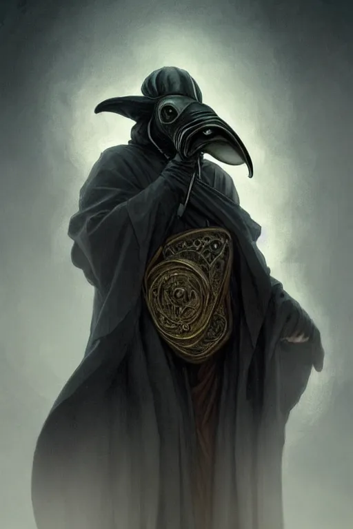 Image similar to Close-up of Plague Doctor, dark fantasy, portrait, highly detailed, digital painting, artstation, concept art, sharp focus, illustration, art by artgerm and greg rutkowski and alphonse mucha