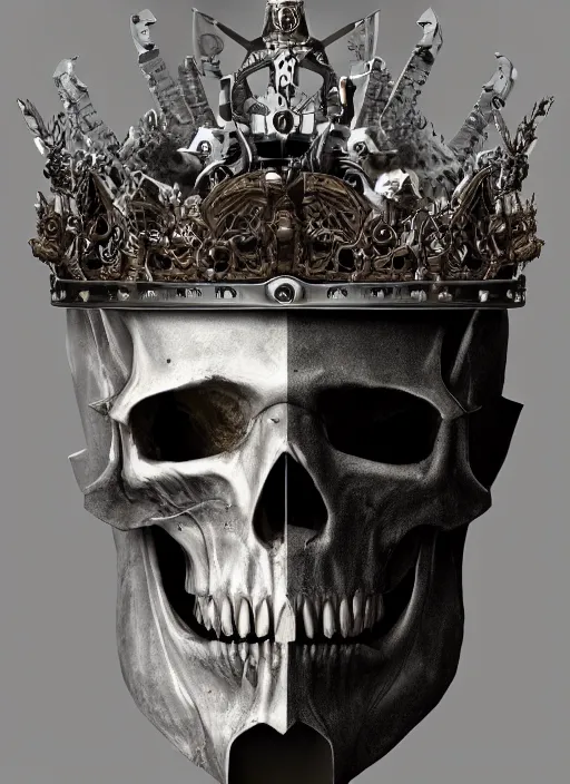 Prompt: portrait of king arthur skull faced knight cyborg with a crown with engravings, studio portrait against a black background, modern fine art, fractal, intricate, elegant, highly detailed, digital photography, subsurface scattering, in the style of ghost, by jheronimus bosch and yue minjun and giger and greg rutkowski,