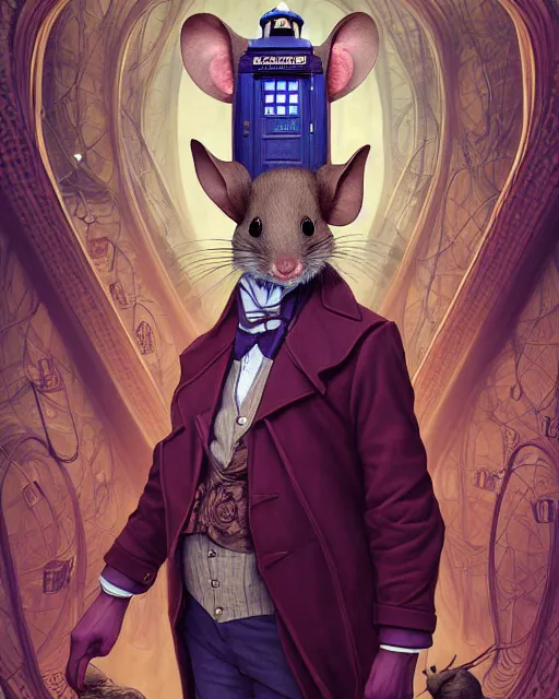 Prompt: anthropomorphic art of a detective mouse inside tardis, victorian inspired clothing by artgerm, victo ngai, ryohei hase, artstation. fractal papersand books. highly detailed digital painting, smooth, global illumination, fantasy art by greg rutkowsky, karl spitzweg, doctor who