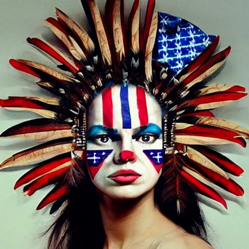 Prompt: a beautiful portrait sculpture designed by Sandra Chevrier, tribal head dress, American stars and stripes on face, by Annie Leibovitz