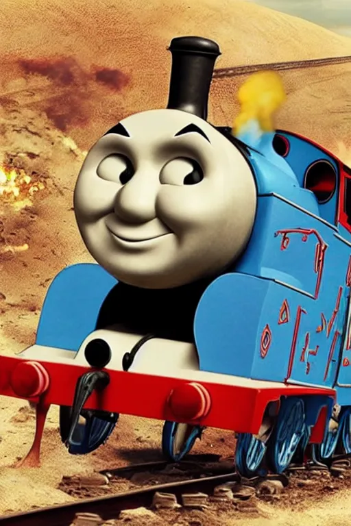 Prompt: Thomas the Tank Engine in the fiery Wasteland of MAD MAX: FURY ROAD