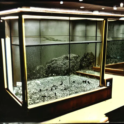 Image similar to spooky creepy liminal space, display case, aquatic exhibition science museum, dusty dried cracked aquarium, computer screens, photo taken on fujifilm superia