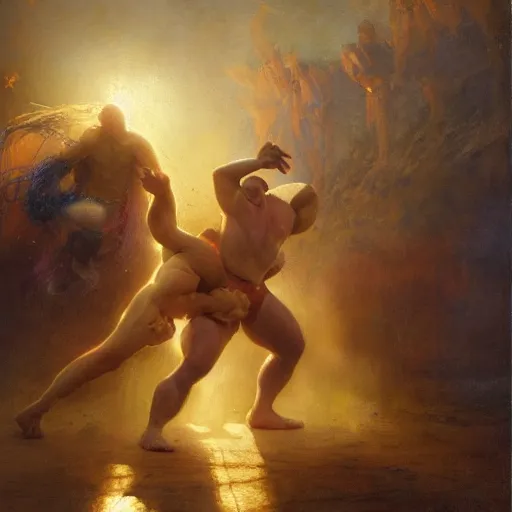 Image similar to bald wrestler breaking blonde wrestler's back, radiant light, caustics, heroic, bright iridescent light, by gaston bussiere, bayard wu, greg rutkowski, maxim verehin, epic wrestling combat, legendary