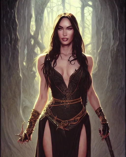 Image similar to portrait of megan fox as an elven mage, dark, piercing eyes, gentle expression, elegant clothing, photorealistic, highly detailed, artstation, smooth, sharp focus, art by michael whelan, artgerm, greg rutkowski and alphonse mucha