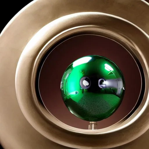 Prompt: a round shiny metal sphere with two triangular green eyes in it