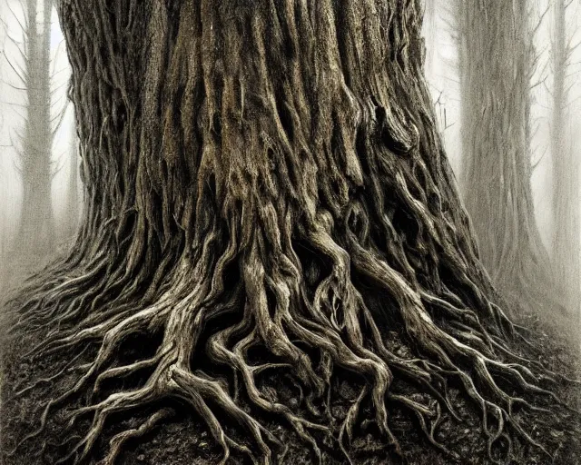 Image similar to a talking oak tree, a face in the bark, nose made of wood, eyes in the bark, mouth in the bark, fantasy horror concept art, scary, digital painting, oil painting, hyperrealistic, treebeard, ent, highly detailed, dark and gloomy, very detailed eyes, artstation, cgsociety, in the forest, by alan lee, by artgerm