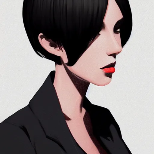 Image similar to slim mafia girl in tuxedo with black bob hair, elegant, 2d, ultra highly detailed, digital painting, smooth, sharp focus, artstation, art by Ilya Kuvshinov