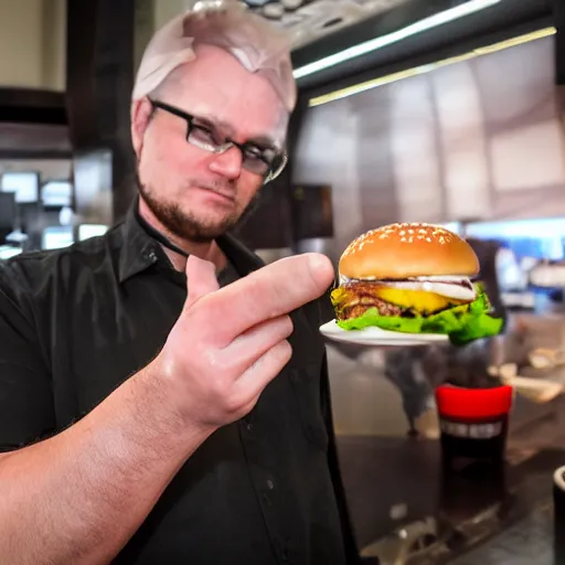 Prompt: Steven Armstrong from Metal gear Rising chooses a Hamburger at McDonald's, 40nm lens, 4k, shallow depth of field,