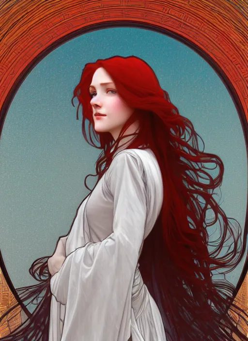 Prompt: beautiful young woman with long red hair watches the sunrise while wearing a grey cloak and hood, path traced, highly detailed, high quality, digital painting, by alphonse mucha, disney