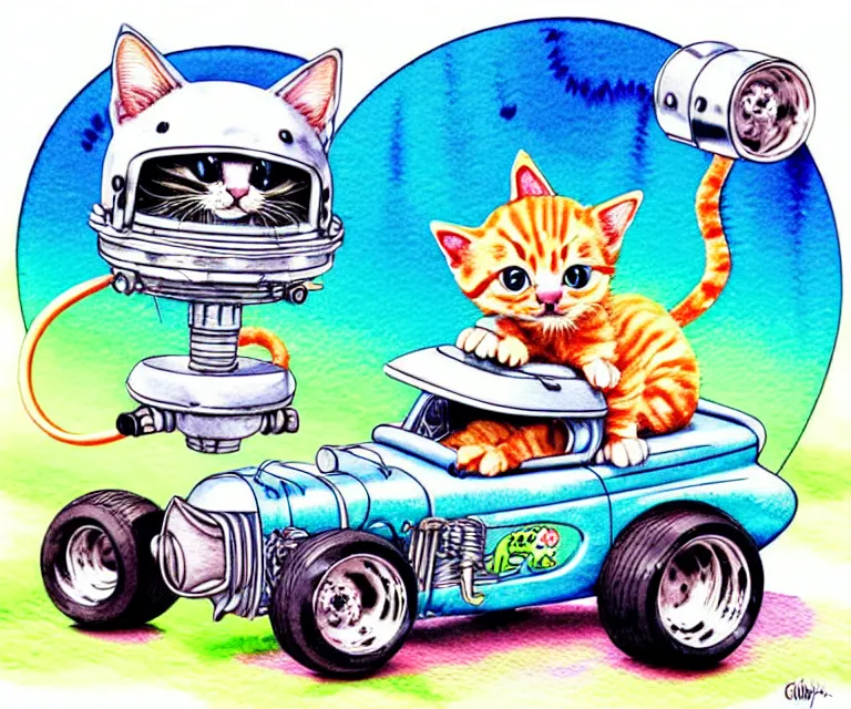 Image similar to cute and funny, kitten wearing a helmet riding in a tiny hot rod with oversized engine, ratfink style by ed roth, centered award winning watercolor pen illustration, isometric illustration by chihiro iwasaki, edited by range murata, tiny details by artgerm and watercolor girl, symmetrically isometrically centered