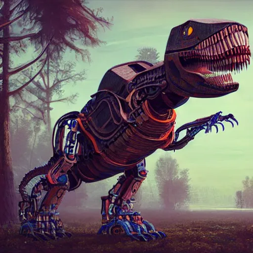 Image similar to a portrait photograph of a robot T-rex made of mechanical parts, cartoonish psychedelic paleoart rendering, realistic dinosaur cyborg in the style of simon stålenhag