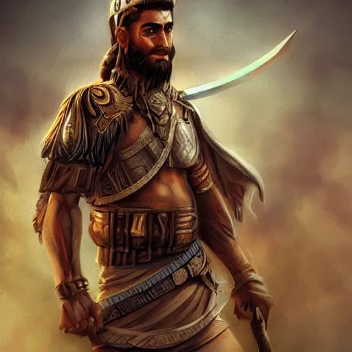 Image similar to kurdish male warrior, highly detailed, digital painting, artstation, concept art, sharp focus, illustration, incredibly strong and handsome