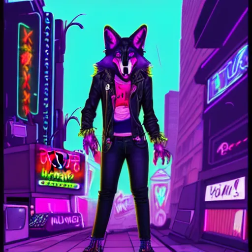 Image similar to beautiful commission digital art portrait commission of an androgynous furry anthro wolf wearing punk clothes in the streets of a cyberpunk city. neon signs, detailed background, futuristic adverts, holographics. character design by zaush, rick griffin, tessgarman, angiewolf, rube, miles df, smileeeeeee, furlana, fa, furraffinity