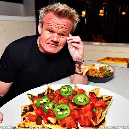 Image similar to Gordon Ramsey reacting to very very extremely delicious nachos expertly arranged and presented