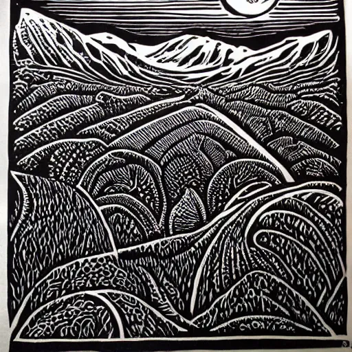 Prompt: intricate, detailed, Linocut Art on paper of canadian fields and mountains. Epic Latin American Linocut Art.