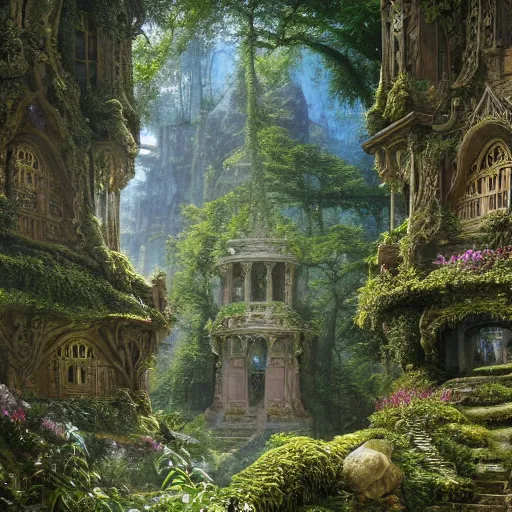 Image similar to a beautiful and highly detailed matte painting of an elven temple in a magical fantasy garden in a lush forest, intricate details, epic scale, insanely complex, 8 k, sharp focus, hyperrealism, very realistic, by caspar friedrich, albert bierstadt, james gurney, brian froud,