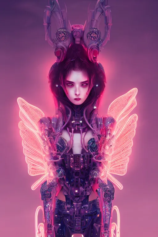 Image similar to portrait futuristic Devil Girl with horns and wings, in future cyberpunk tokyo rooftop , ssci-fi, fantasy, intricate, very very beautiful, elegant, human anatomy, neon light, highly detailed, digital painting, artstation, concept art, smooth, sharp focus, illustration, art by tian zi and WLOP and alphonse mucha