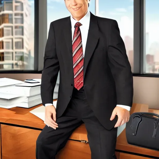 Prompt: Glenn Quagmire (family guy) dressed in a suit and tie in a lawyer's office holding a briefcase.