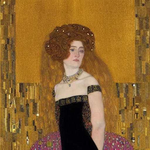 Prompt: A woman in side profile with long hair, and a flowing dress, by Gustav Klimt, gold leaf, ornate, highly detailed, intriquite gold background, sorrowful expression