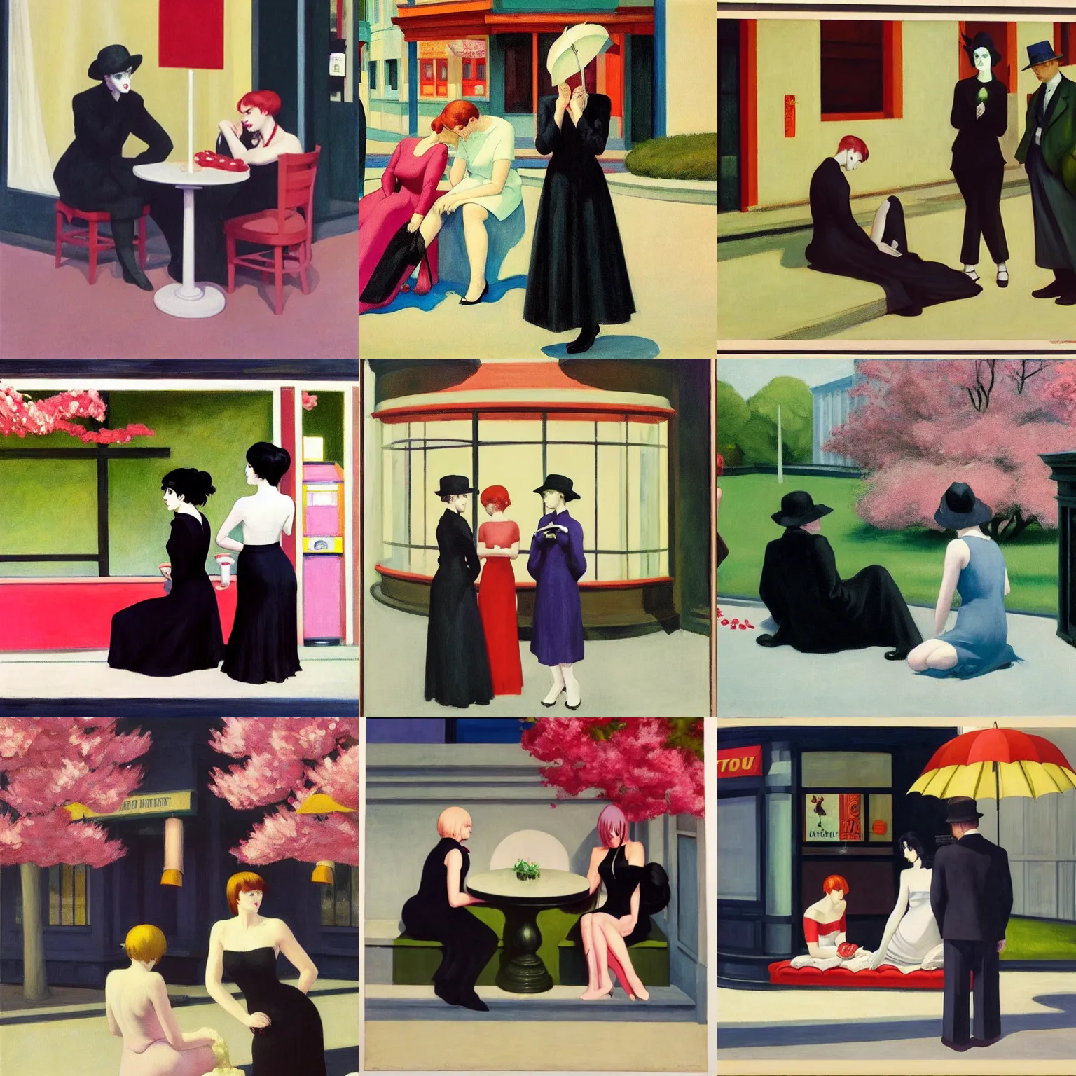 Image similar to art by edward hopper. three goths loitering in the shade, talking beneath a cherry blossom outside a blockbuster video store.
