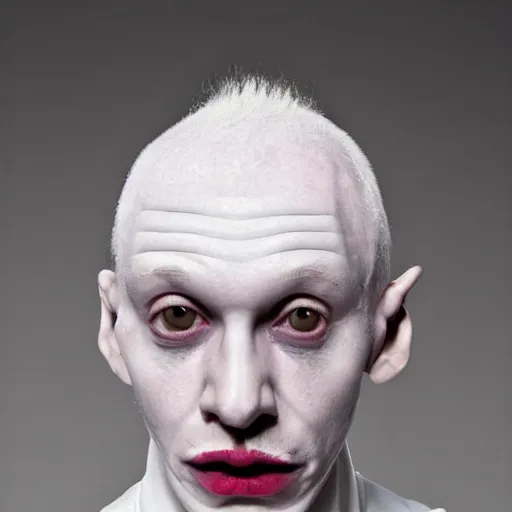 Prompt: color photo of albino weirdo philosopher man, shaved eyebrows, thin lips, jimmy durante nose, pale skin, realistic, high detail, high quality, award - winning lighting, trending on pinterest