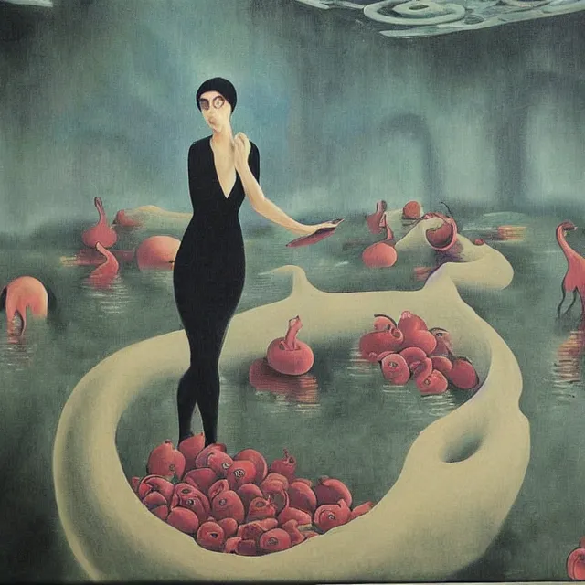 Image similar to tall female emo vegan socialist artist in their flooded apartment, painting of flood waters inside an artist's home, a river flooding indoors, pomegranates, pigs, ikebana, zen, water, octopus, river, rapids, waterfall, black swans, canoe, berries, acrylic on canvas, surrealist, by magritte and monet