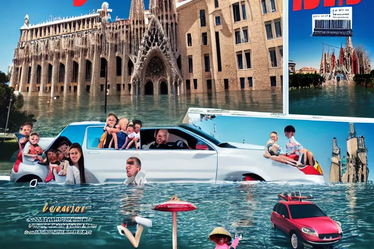 Image similar to touristic magazine ads of a family visiting a catastrophic barcelona, buildings covered with high water, floating cars, catchy graphic design, photo real