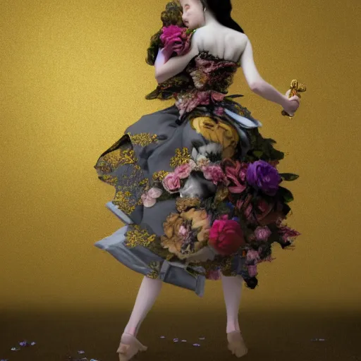 Image similar to 8k, octane render, realism, tonalism, renaissance, rococo, baroque, portrait of a young lady wearing long harajuku manga dress with flowers and skulls, background chaotic gold leaf flowers